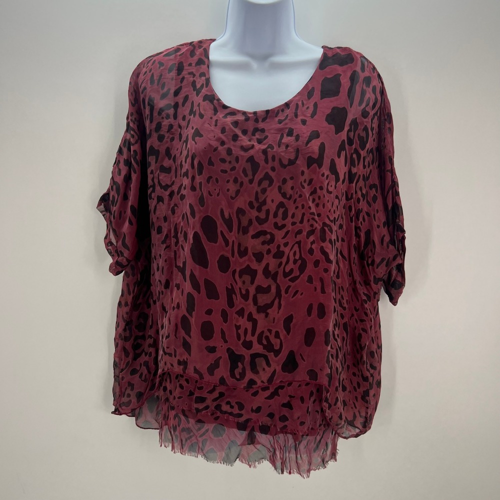 90s Aesthetic Burgundy Leopard Silk Blend Layered Top Gigi Moda Italy OS